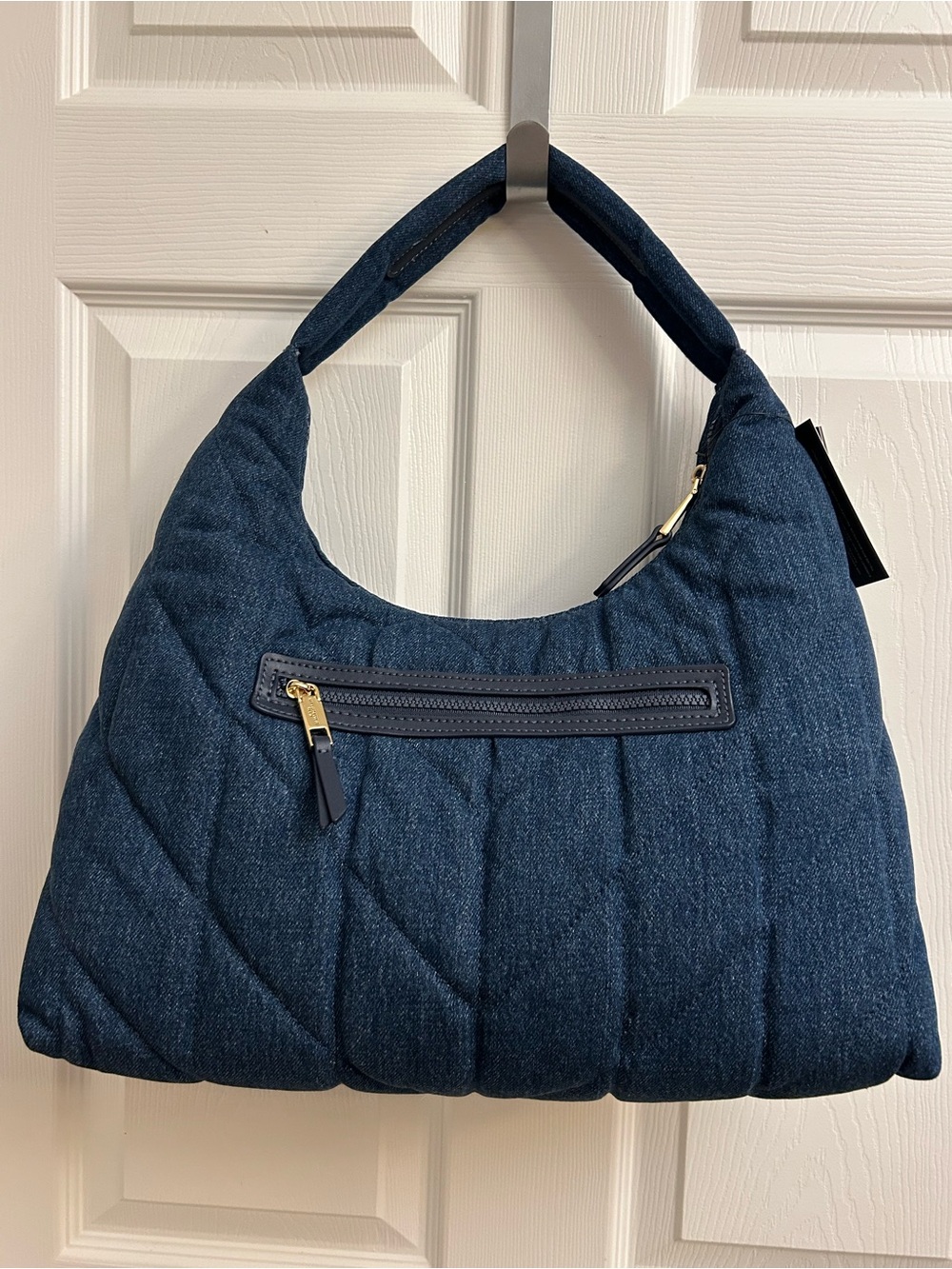 Karl Lagerfeld Quilted Dark Blue Denim Shoulder Bag with Gold Logo - Picture 11 of 16